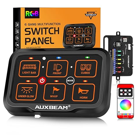 Auxbeam 6 Gang Switch Panel Bluetooth AR-600 RGB Large Button Auxiliary Switch w/Toggle Momentary Pulsed Switch Pod Backlit Off Waterproof 12-24V Panel Pod for UTV Boat Truck RV 2 Years Warranty